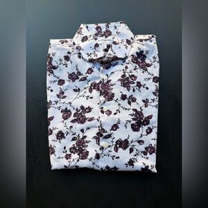 Express Floral Button-Down Shirt – White & Purple Roses – Gently Used